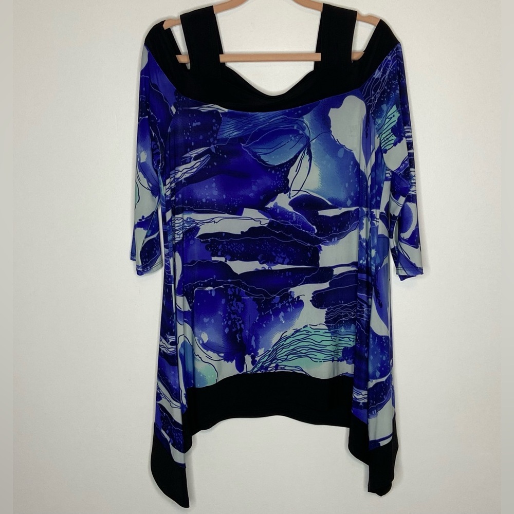 Come N See Cold Shoulder Tunic Size L Blue Abstract Print
